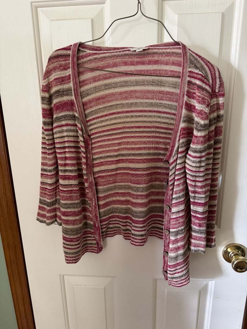 J. Jill Womens Size S Sweater Cardigan Striped Duster Open Front White Navy